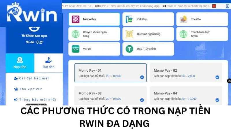 Các phương thức có trong nạp tiền Rwin đa dạng 